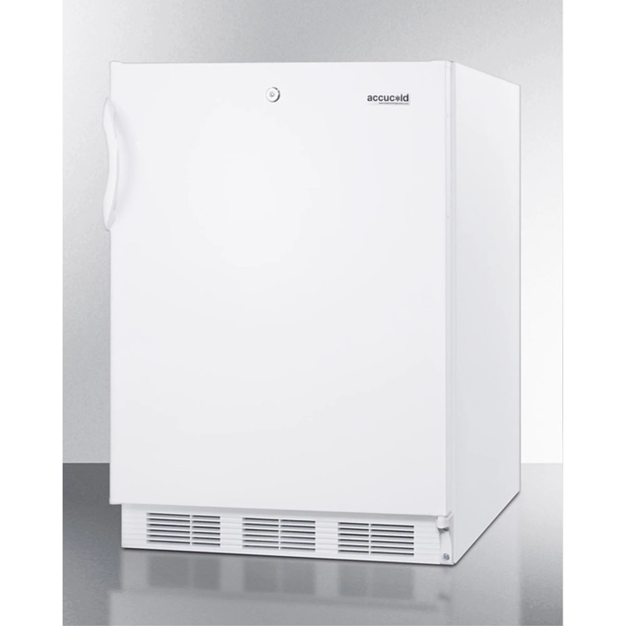 Built-in undercounter ADA compliant refrigerator-freezer for general purpose use, with dual evaporator cooling, cycle defrost, lock, and white exterior