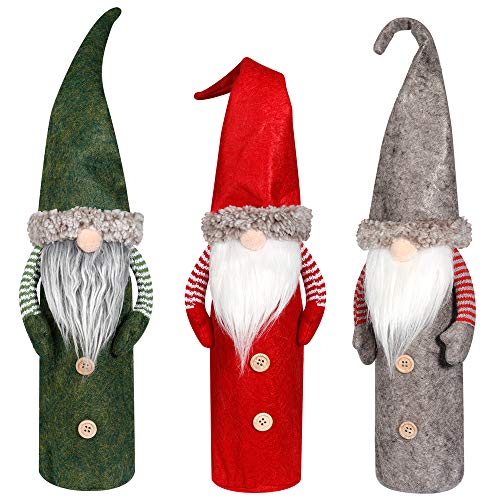 D-FantiX Christmas Gnomes Wine Bottle Cover, Handmade Swedish Tomte Gnomes Wine Toppers Santa Claus Bottle Bags with Drawstring Style Holiday Home Christmas Decorations Gift 3 Pack