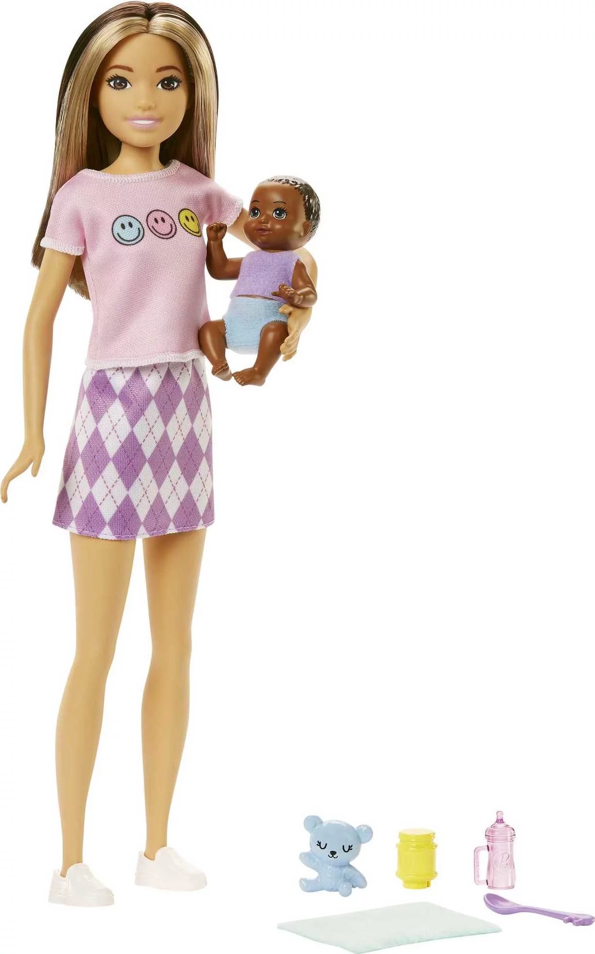 Barbie Skipper Babysitters Inc Doll in Argyle Skirt with 2-Tone Hair, Baby Doll & 5 Themed Pieces
