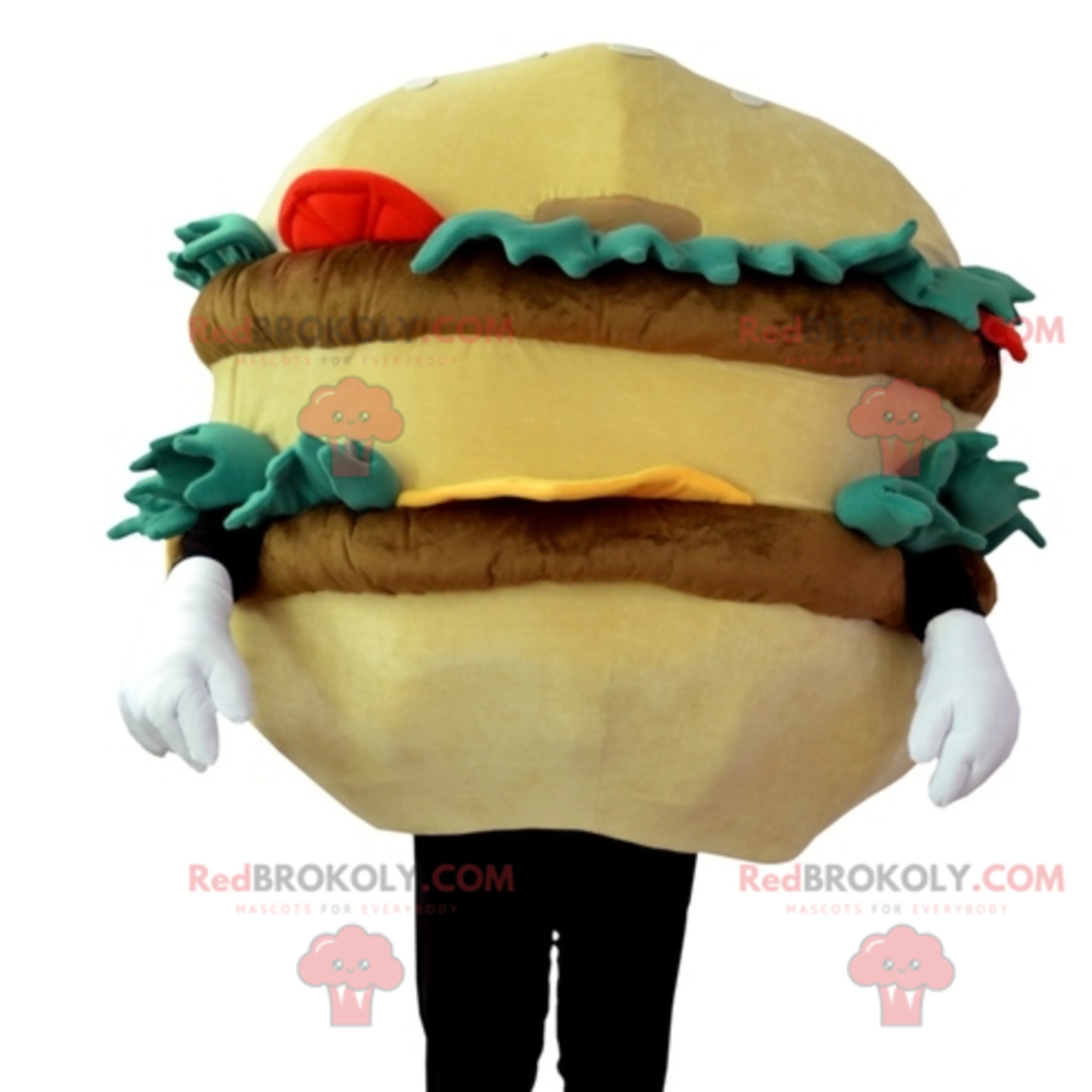 Mascot giant beige and brown hamburger with salad