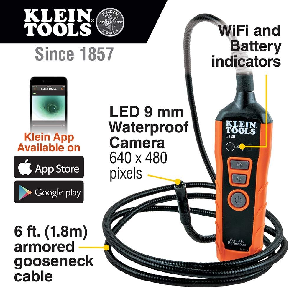 Klein Tools ET20 Wi-Fi Borescope Inspection Camera with Rechargeable Lithium-Ion Battery and On-Board LED Lights
