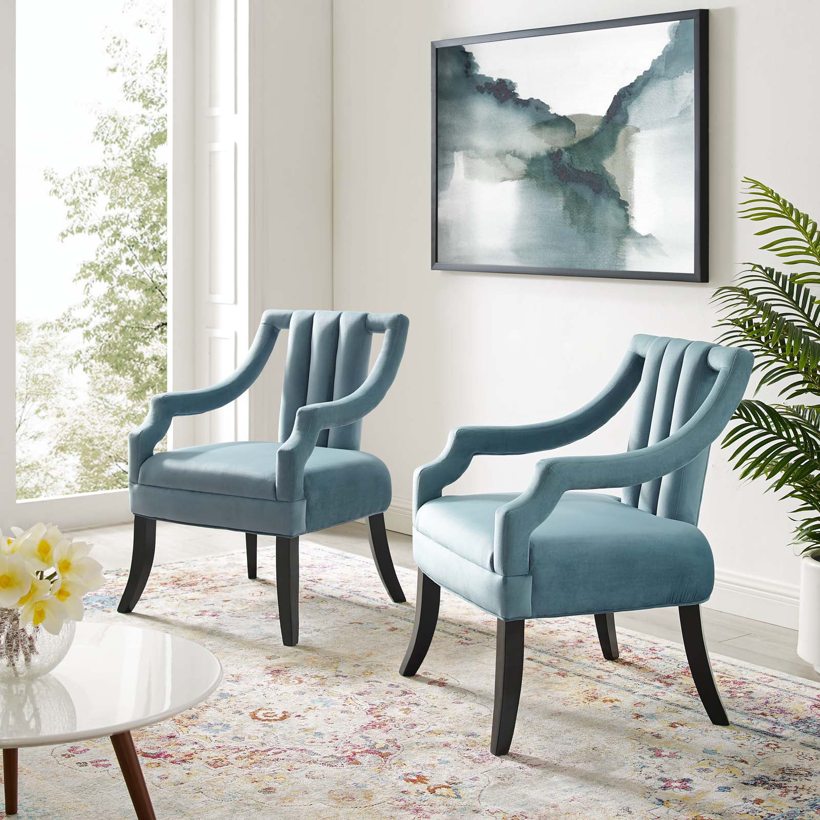 Modway Harken Accent Chair Performance Velvet Set of 2 in Light Blue