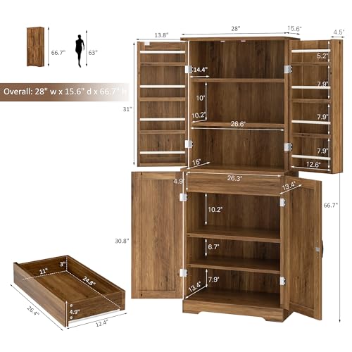 Shintenchi Kitchen Pantry Cabinet, Freestanding Farmhouse Storage Cabinet with 8 Door Shelves, 2 Cabinets and 1 Drawer, Tall Cupboard for Kitchen, Living Room, Dining Room and Bathroom, White