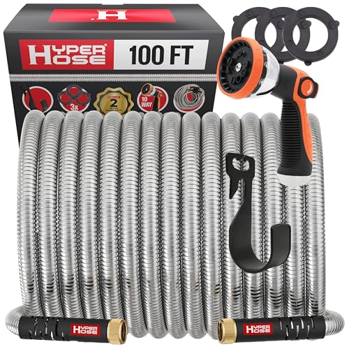 Best 100 ft Metal Garden Hose Set - No-Kink Durable 316 Stainless Steel, 10-Way Zync Spray Nozzle & Hook – Tough Flexible Heavy Duty Water Hoses, Naval Brass, Rust, Weather, LeakProof