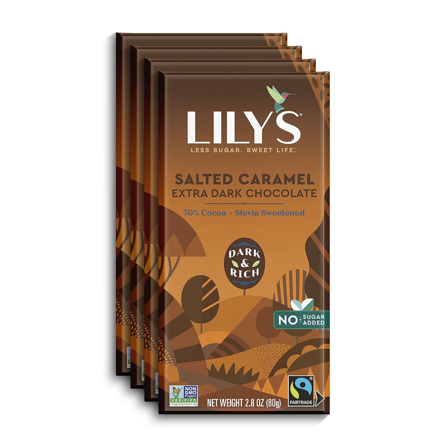 Extra Dark Salted Caramel Chocolate Bar by Lily's | Made with Stevia, No Added Sugar, Low-Carb, Keto Friendly | 70% Cocoa | Fair Trade, Gluten-Free & Non-GMO | 3 ounce, 4-Pack