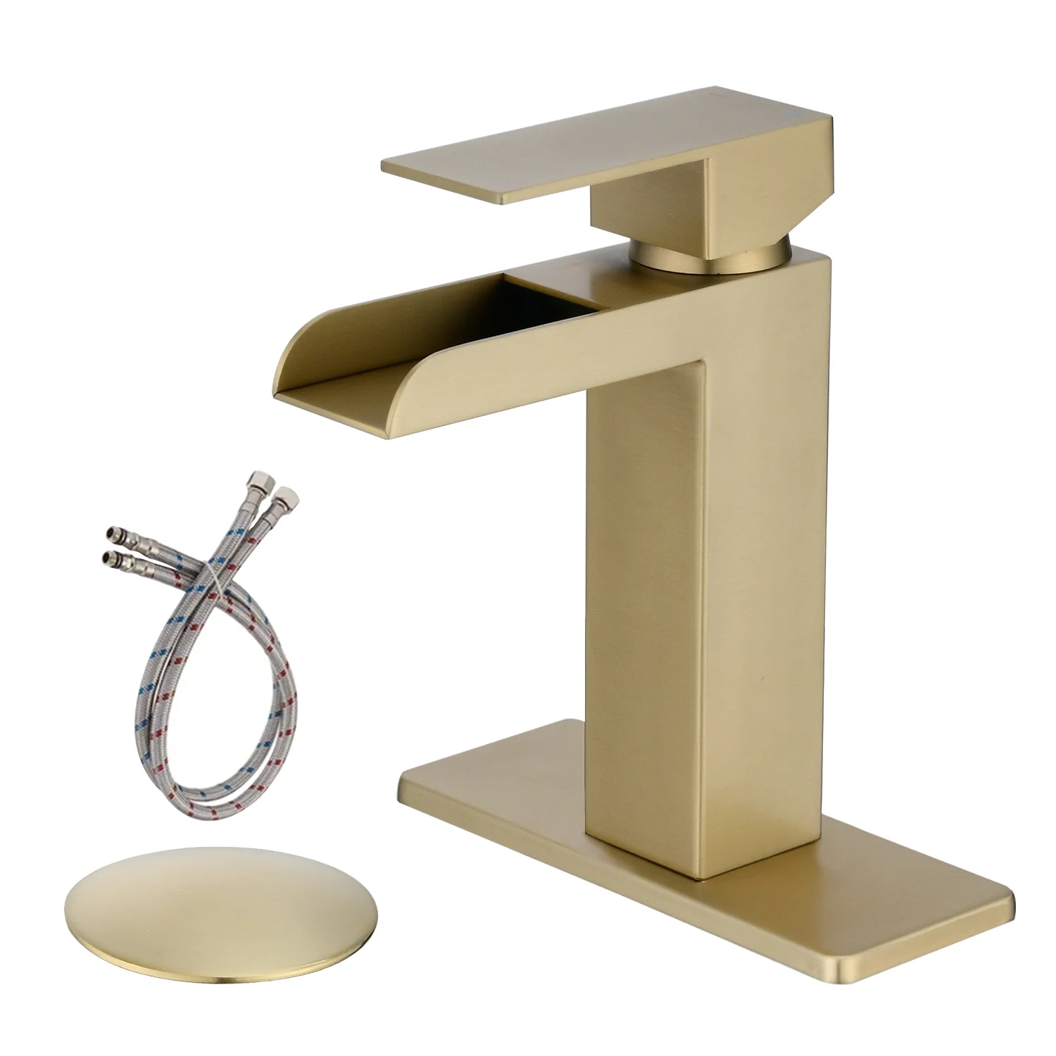 Brushed Gold Waterfall Single Handle Bathroom Faucet, Single Hole Bathroom Faucet with Pop-up Assembly Overflow Drain, 304 Stainless Steel Supply Line and Deck Plate