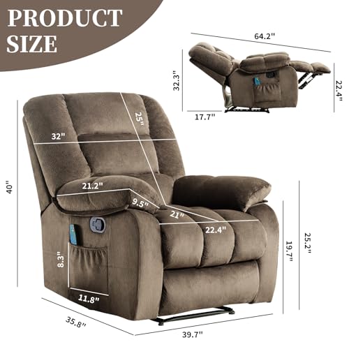 Massage Recliner Chair with Heat and Massage, Soft Fabric Ergonomic Manual Reclining Chairs, Heavy Duty Reclining Sofa Chair with Side Pockets for Living Room (Taupe)
