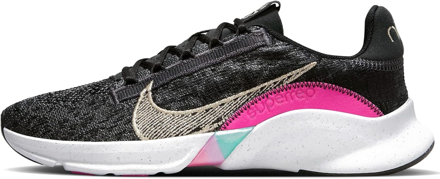 Nike SuperRep Go 3 Flyknit Next Nature Women's Workout Shoes (FB7156-001, Black/Anthracite/Fireberry/Metallic Gold) Size 6