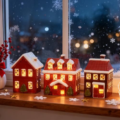 WDS WONDROUS Ceramic Christmas Village Houses Red, Sets of 3 Lighted Houses Hand Painted, Indoor Red and White Xmas Houses Village Decor for Home Table Room Farmhouses