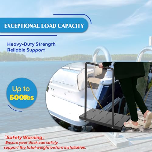 Boat Boarding Platform, Metal Dock Extension with Safety Handrail, Powder-Coated Dock Boarding Step for Easy Access to Boats, Black Dock Boarding Platform Features a 500Lb Capacity