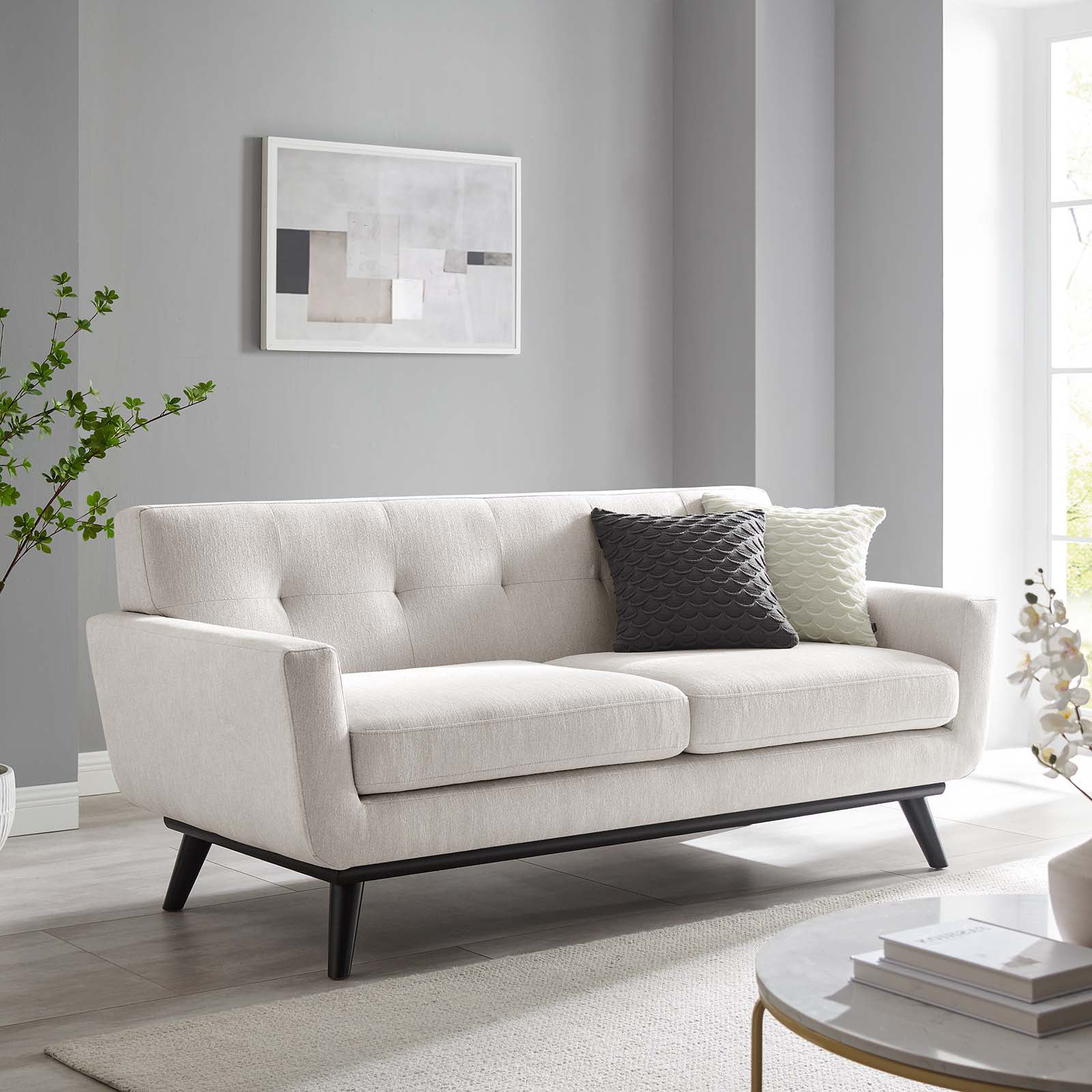 Loveseat Sofa, Ivory White, Fabric, Modern Contemporary, Mid Century Living Hotel Lounge Cafe Lobby