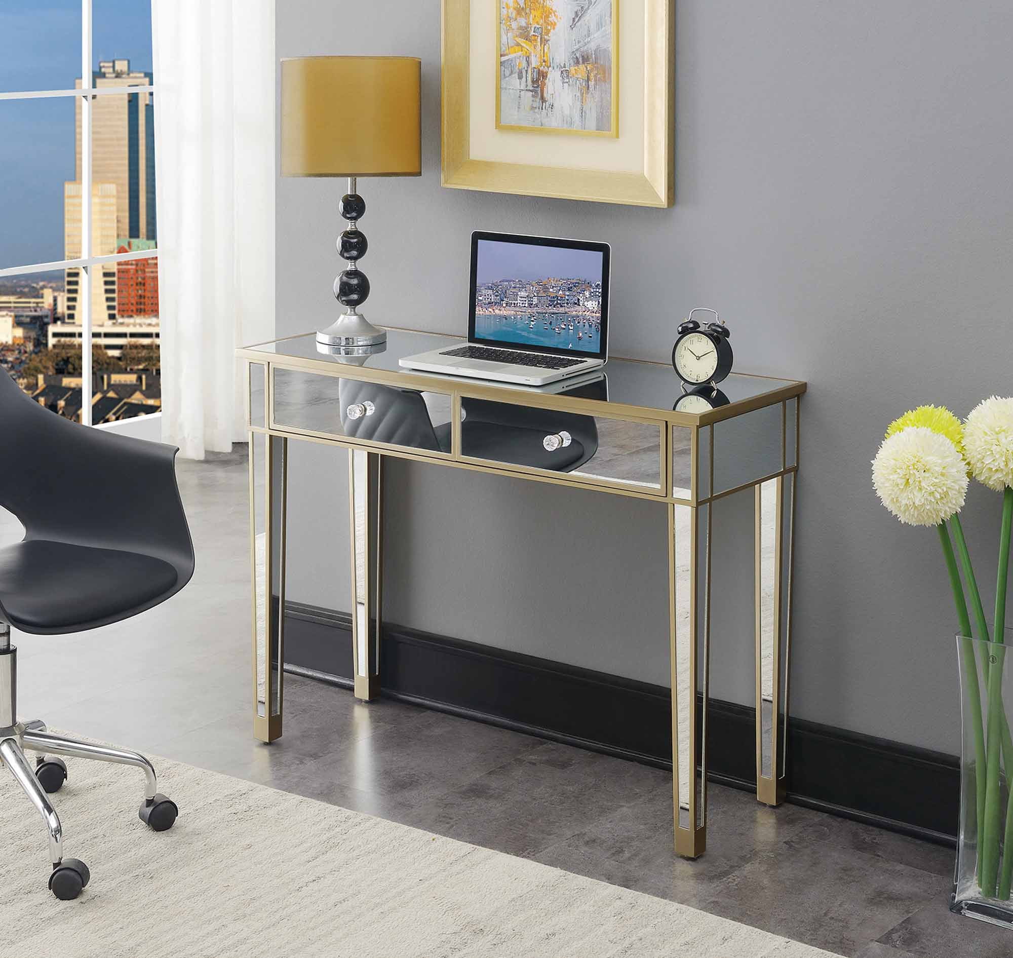 Convenience Concepts Gold Coast Mirrored 2 Drawer Desk, Console, Vanity, Champagne/Mirror