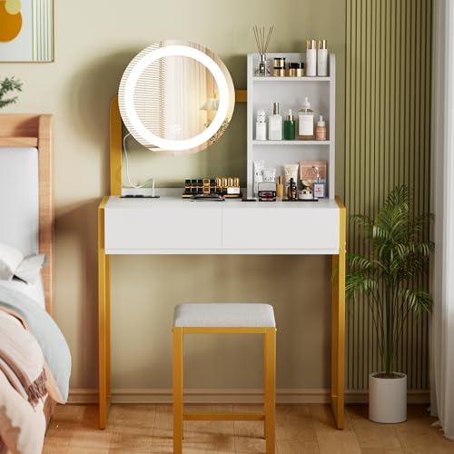 Vanity Desk with Mirror and Lights, Makeup Vanity with Power Outlet & 3 Lighting Modes, White Vanity with Chair & Drawers, Small Vanity Desk for Bedroom