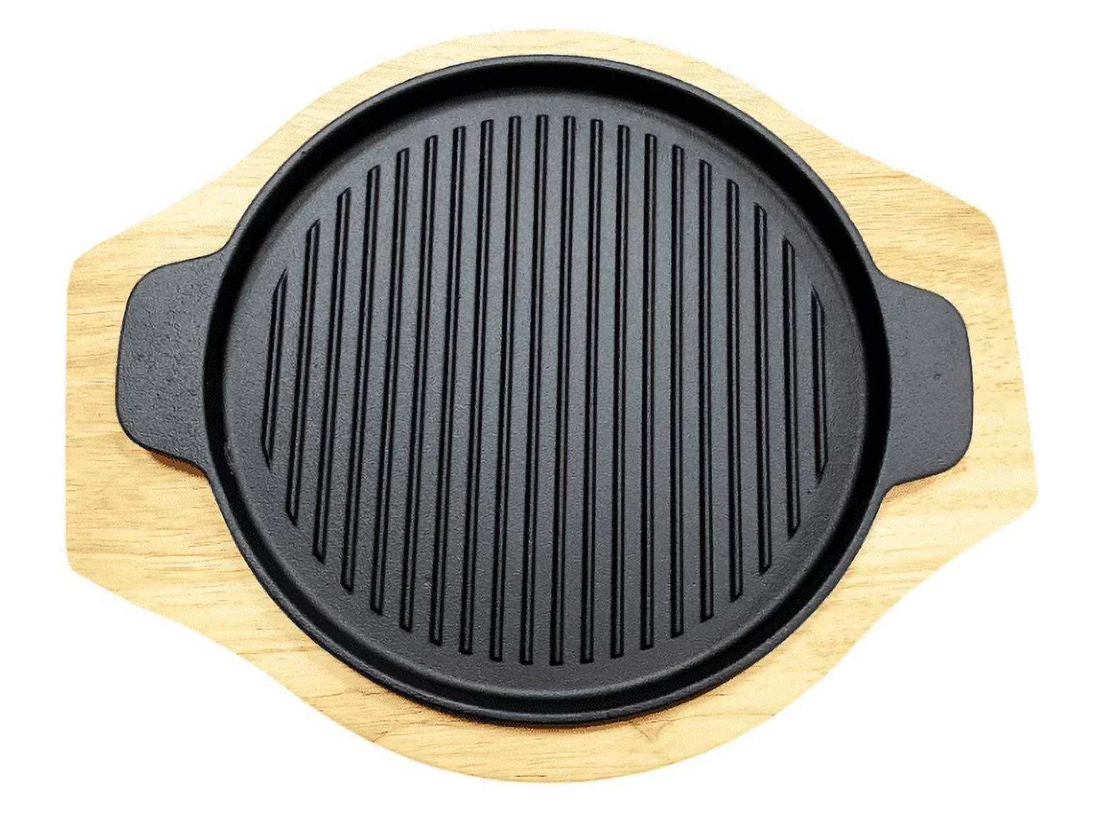 Round Grill Cast Iron Pan W/ Rubber Wood Underliner, for Steak, Meat, Fish (9.25