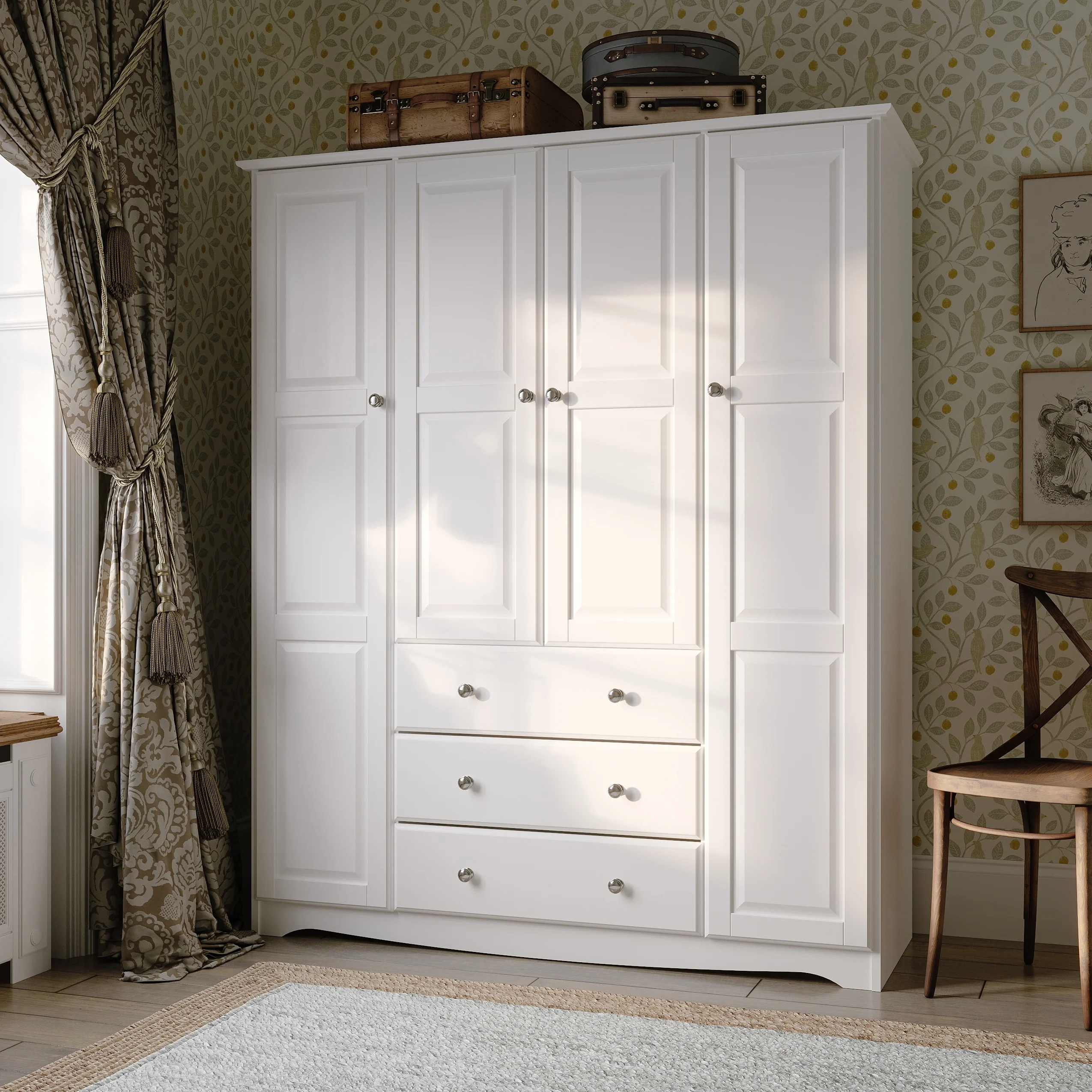 Palace Imports, Inc. Palace Imports 100% Solid Wood Family 4-Door Wardrobe Armoire with Metal or Wooden Knobs White-Metal Knobs
