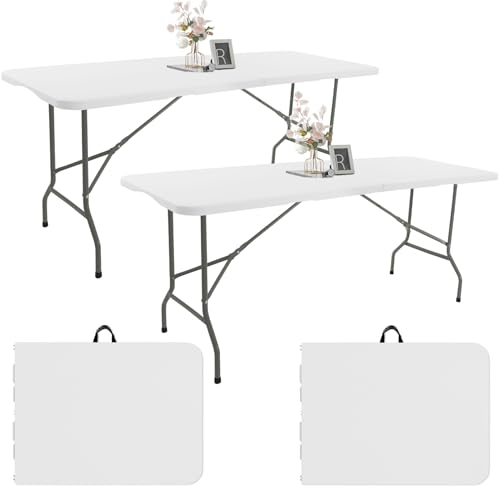 2 Pack 6 FT Folding Tables White Foldable Table, Fold-in-Half with Carrying Handle Portable Plastic Rectangular Table for Party, Dining, Wedding, Camping, Picnic, Indoor Outdoor Events