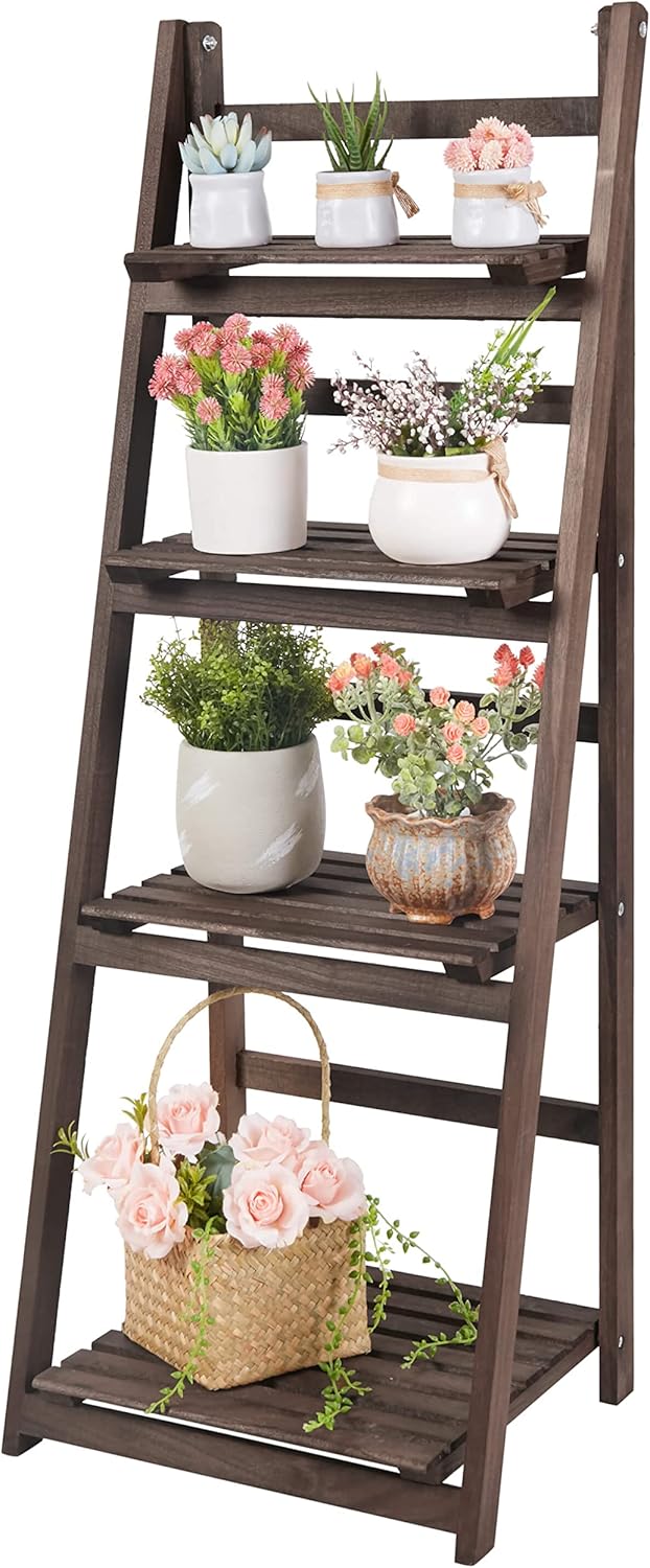 4 Tier Plant Stand: Tall Ladder Shelf Wooden Step Display Rack for Small Potted Plants Flowers Succulents Indoor Garden Patio Lawn Decors