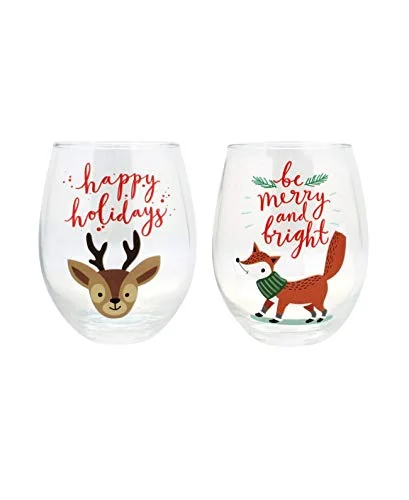 Tmd Holdings Happy Holidays Merry Bright 2-Pc Stemless Wine Glasses