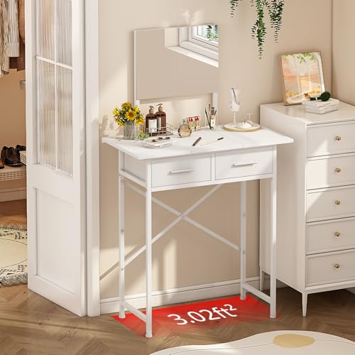 Small Vanity Desk with Mirror and Drawers, White Makeup Vanity Table with Storage, Compact Vanity for Bedroom, Modern Makeup Desk for Girls, Space-Saving Vanity Table
