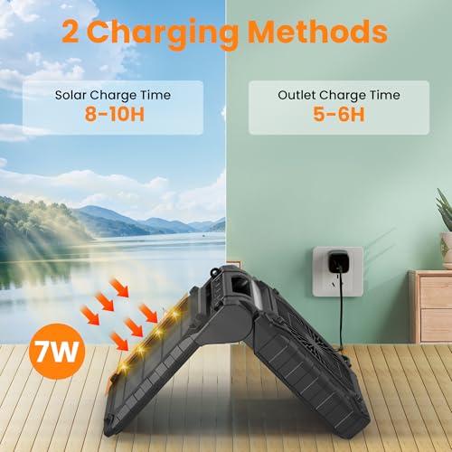KITWLEMEN Solar Camping Fan with Lantern - Rechargeable Battery Operated Fan, 18H Run Time Max, 4 Speeds, 8H Timer, 90° Adjustable Portable Desk Fan for Hurricane, Power Outage, Outdoor Use