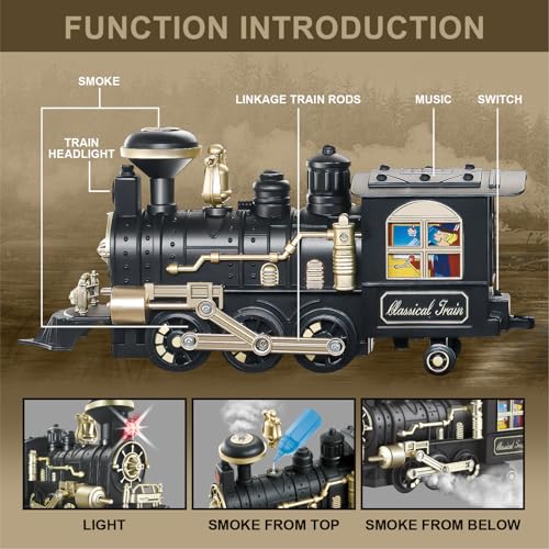 JUQU Christmas Train Set for Kids Ages 3-8 – Remote Control Steam Locomotive Toy Train with Smoke, Lights, Sound & Tracks, Christmas Tree Train for Around or Under Tree Gift