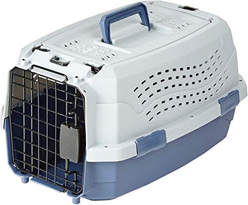 Amazon Basics 2-Door Top-Load Hard-Sided Dogs, Cats Pet Travel Carrier, Gray & Blue, 22.8