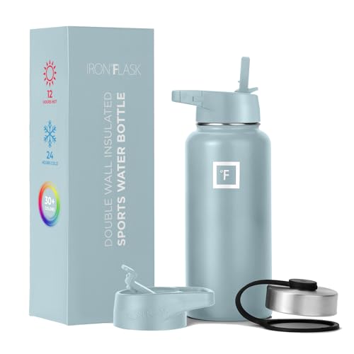 IRON °FLASK Camping & Hiking Hydration Flask with 3 Lids - Stainless Steel, Double Walled & Vacuum Insulated Water Bottle - Leak Proof & BPA Free 32 Oz