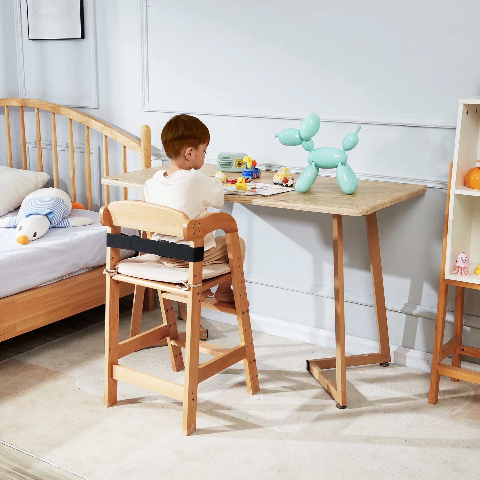 BENTISM Wooden Baby HighChair with Adjustable Legs, Solid Wooden Toddler Chair Baby Booster Seat 13'' Tall