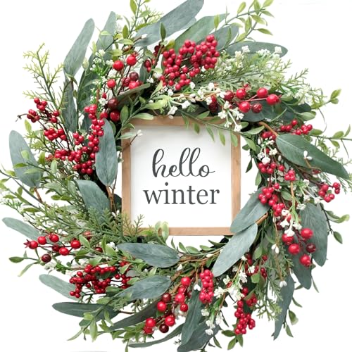 TEMPUS Christmas Wreath for Front Door 20’’ Red Berries Artificial Leaves Wreath with Hello Winter Sign Winter Wreath for Christmas Farmhouse Home Outdoor/Indoor Decor