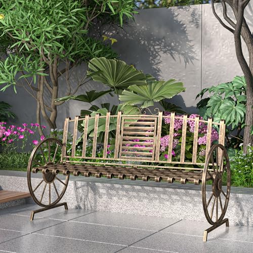 Outdoor Bench Patio Outdoor Garden Bench with Built-in Table, Wagon Wheel Arms, 3 People Outdoor Bench Garden Bench Front Porch Furniture Patio Lawn Yard Park (Bronze)