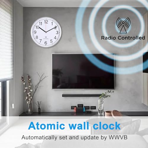 Atomic Analog Wall Clock, 14Inch Radio Controlled Sets Automatically Wall Clock, Aluminum Frame Wall Clock Decorative for Home Kitchen Living Room Bedroom Office School