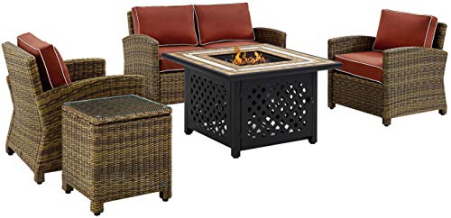 Crosley Furniture Bradenton 5-Piece Wicker Outdoor Loveseat Patio Furniture Set with Gas Fire Pit Table, Brown with Sand Cushions
