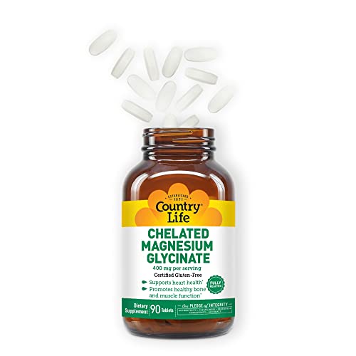 Country Life Chelated Magnesium Glycinate 400mg, 180 Tablets, Certified Gluten Free, Certified Vegan, Certified Halal, Non-GMO Verified