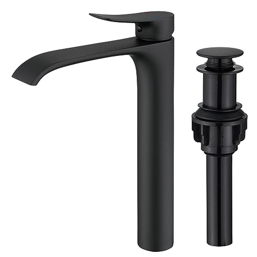 Tall Vessel Sink Faucet Bathroom Waterfall Faucet Brushed Gold Finished Single Handle Matte Black Vanity Bathroom Faucet Basin Mixer Tap with Water Supply Hose and Pop Up Sink Drain