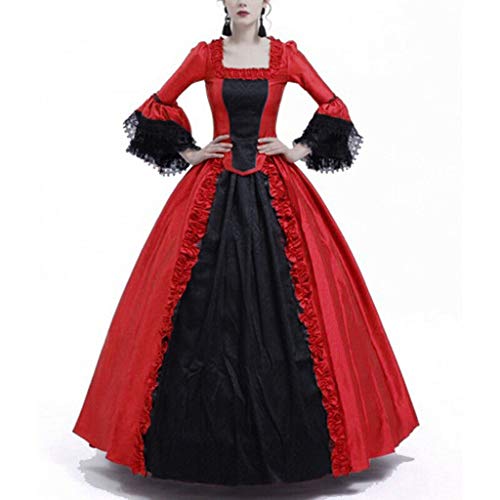 Renaissance Medieval Costumes for Women Patchwork Lace Flare Sleeve Maxi Dresses Halloween Cosplay Dresses