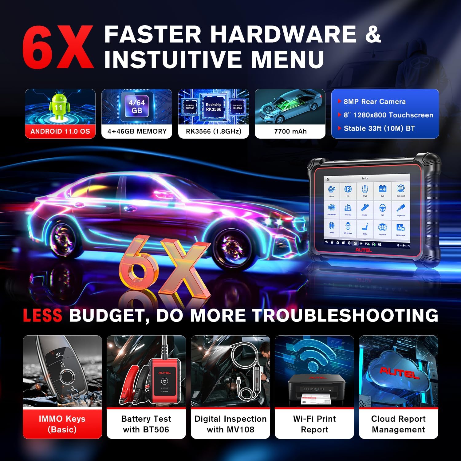 Autel Scanner MaxiCOM MK900-BT, 2024 OS 11 MK900BT Fully Functional Bidirectional Scan Tool, Up of MK900 MX900 MK808BT PRO MK808S MX808S MK808Z, 40+ Reset, CAN FD/DoIP, 3000+ Active Tests, WiFi Print