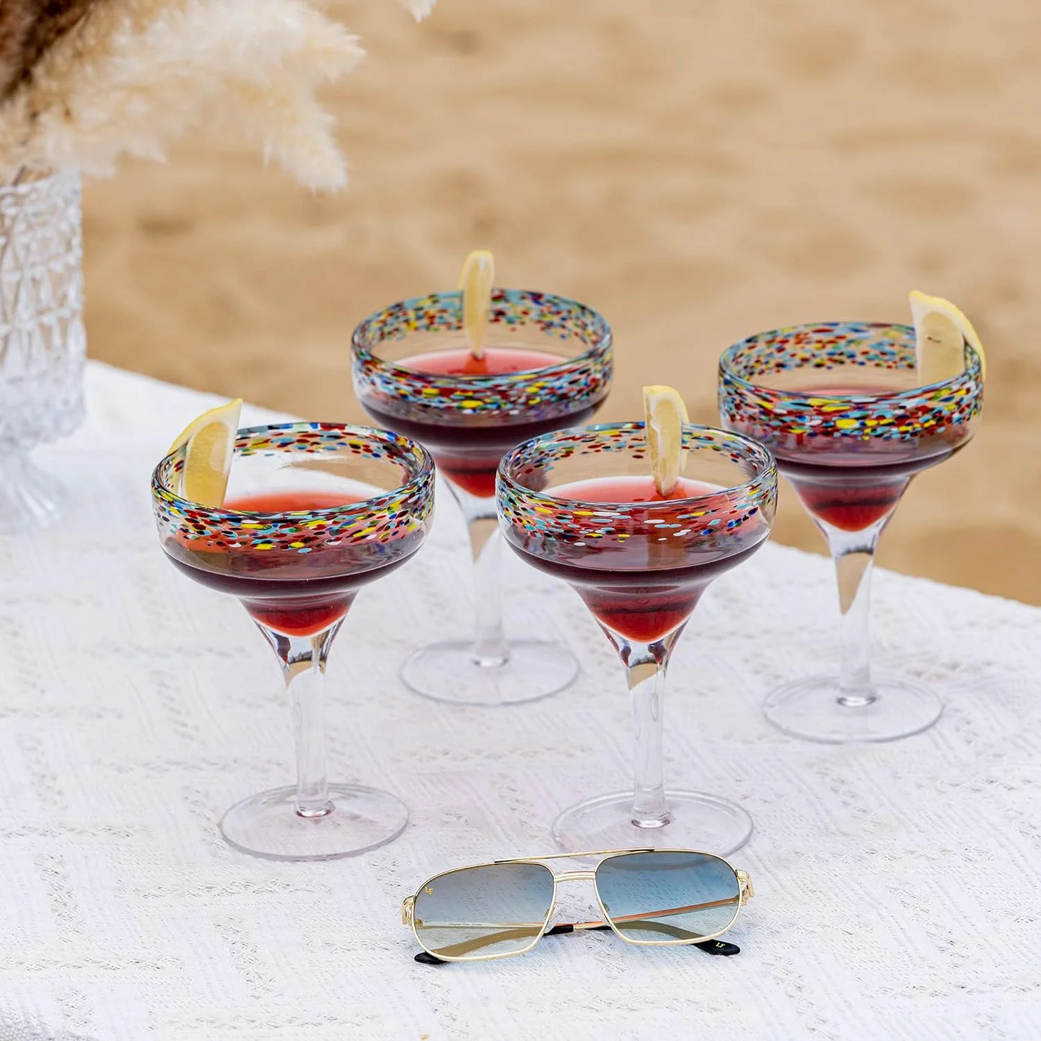 TWS Mexican Margarita Hand Blown Glasses by The Wine Savant - Set of 4, 16oz, Confetti Rim, Dishwasher Safe