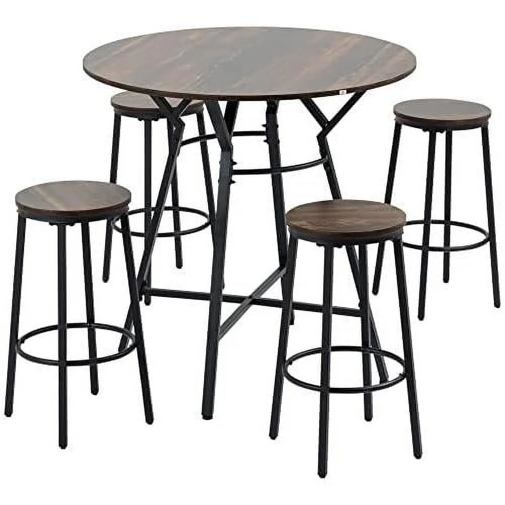 Industrial 5-Piece Bar Table And Chairs Set, Space Saving Dining Table With 4 Stools For Pub And Kitchen, Black & Brown