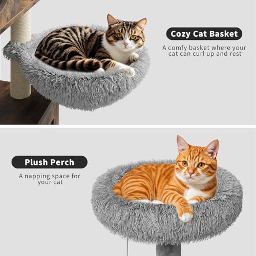 57.5-Inch Cat Tree with Litter Box Enclosure 2-in-1 Modern Cat Tower with Cat Condo/Hammock/Scratching Post/Plush Perch/Removable Pompom Sticks/Caves, Wooden Hidden Litter Box Furniture, Oak Brown