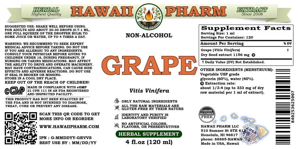 Grape (Vitis Vinifera) Dry Seed ALCOHOL-FREE Liquid Extract. Expertly Extracted by Trusted HawaiiPharm Brand. Absolutely Natural. Proudly made in USA. Glycerite 4 Fl.Oz