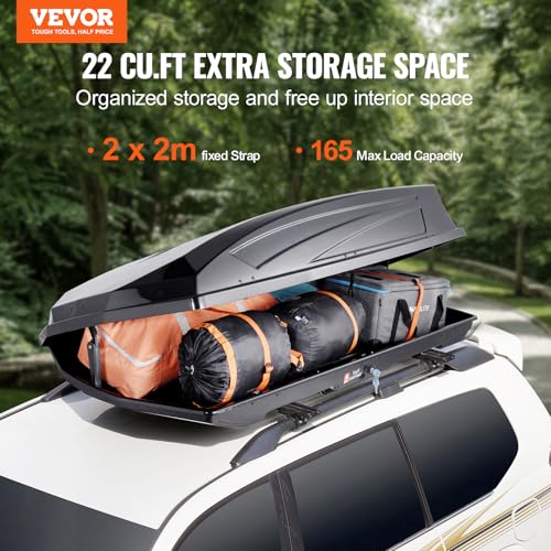 VEVOR Rooftop Cargo Carrier, 22 Cubic Feet Roof Cargo Box, ABS Hard Shell Roof Box, with Dual-Sided Opening and 2 Reinforced Straps, Aerodynamic, Suitable for most Crossbar, for Car, Wagon, SUV, Black