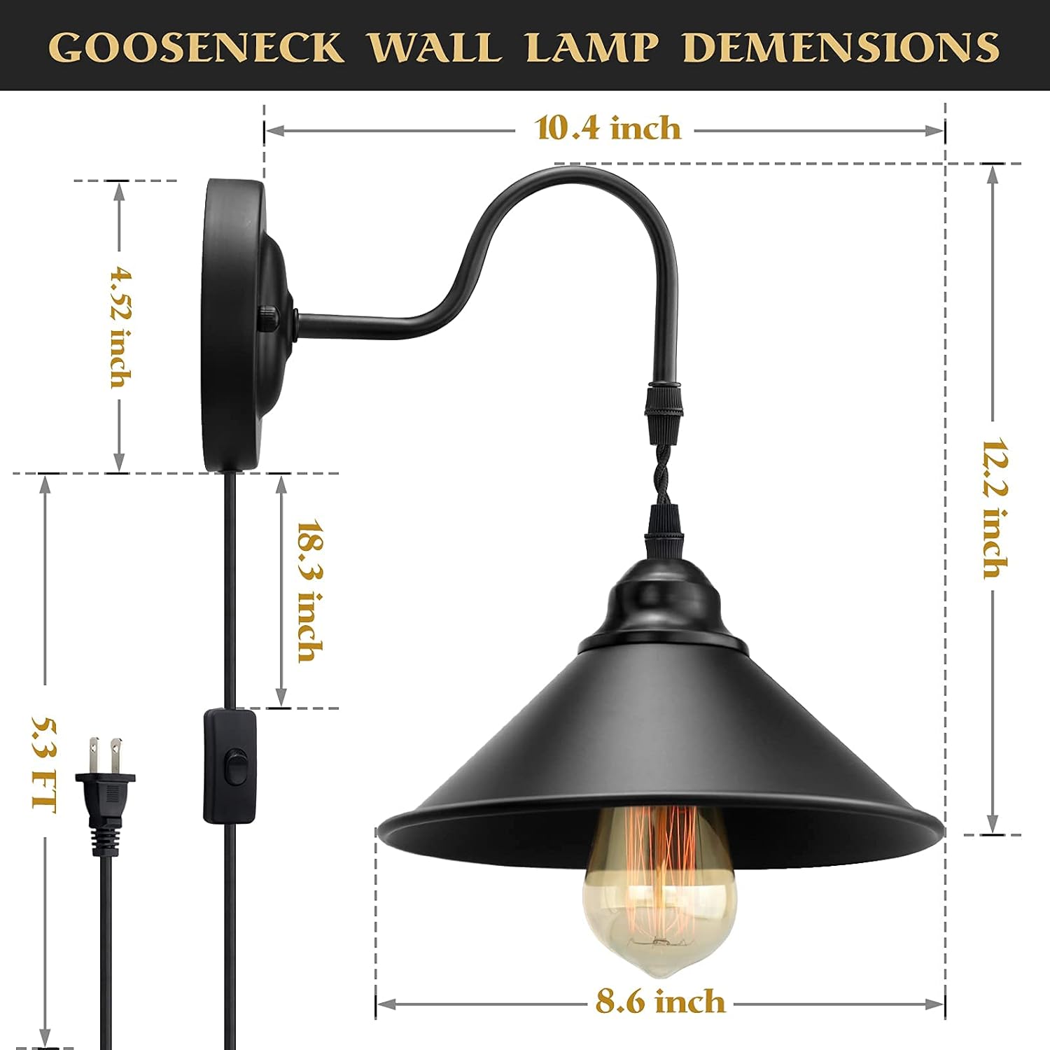 Plug in Wall Sconces, Vintage Plug in Wall Lamp Set of 2 with On/Off Switch, Metal Black Industrial Wall Mounted Light Fixture for Bedside Bedroom Indoor Doorway (Gooseneck Wall Lamp)