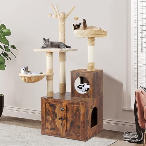 Cat Tree Tower with Litter Box Enclosure, 2-in-1 Wooden Cat Condo with Sisal Scratching Post, Hammock, Brown