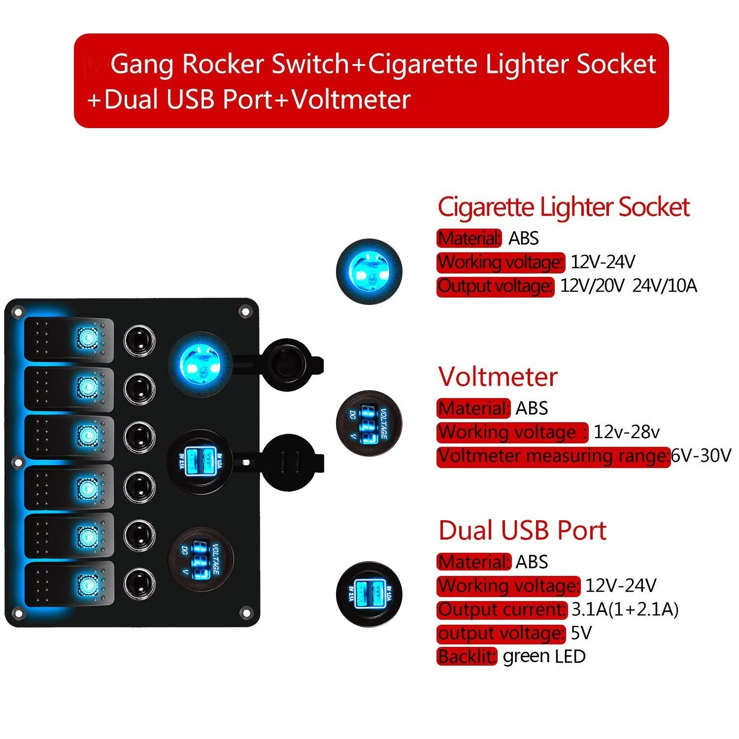 6 Gang Circuit LED Car Marine Boat Rocker Switch Panel Dual USB Waterproof Power Socket Breaker Voltmeter Overload Protection -Blue