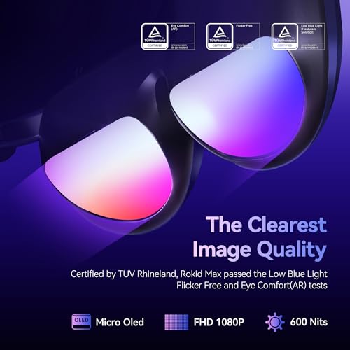 Rokid Max AR Glasses, Smart Glasses with 360'' Micro-OLED Virtual Theater, 50° FOV, 600nits Brightness, HDCP Support & Cloud Gaming and Compatibility with iOS Mac ipad Android, Consoles and Computers