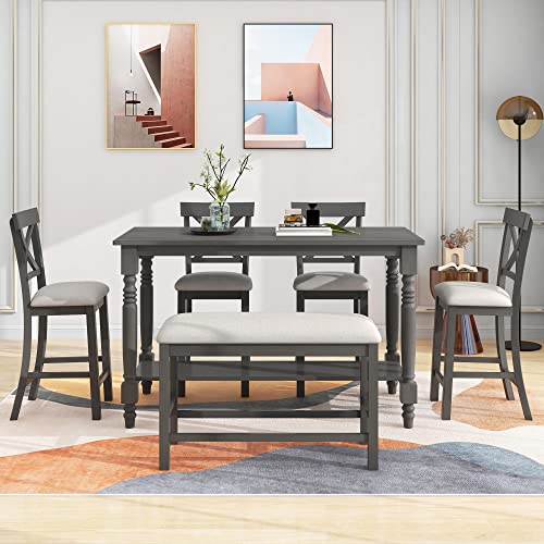 UBGO 6 6,6-Piece Counter Height Set Table with Shelf 4 Chairs and Bench for for Kitchen, Dining Room,Breakfast Corner, Gray-b