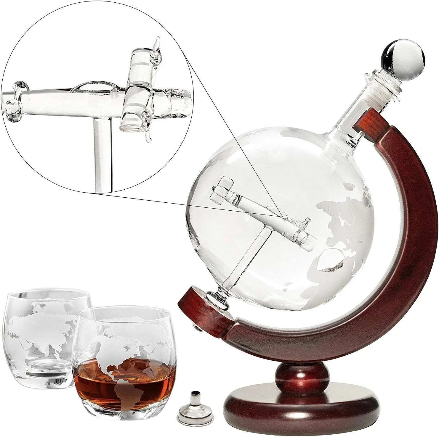 Large 50 Oz 'Plane' Handmade Whiskey Liquor Etched Globe Decanter Set With Wooden Stand, 2 Globe Glasses And Bar Funnel