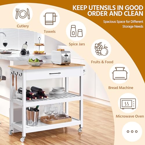 Yaheetech Kitchen Island Cart on Wheels with Bamboo Tabletop, 3-Tier Rolling Kitchen Island Microwave Cart with Drawer, Detachable Towel, 3 Hooks, 17
