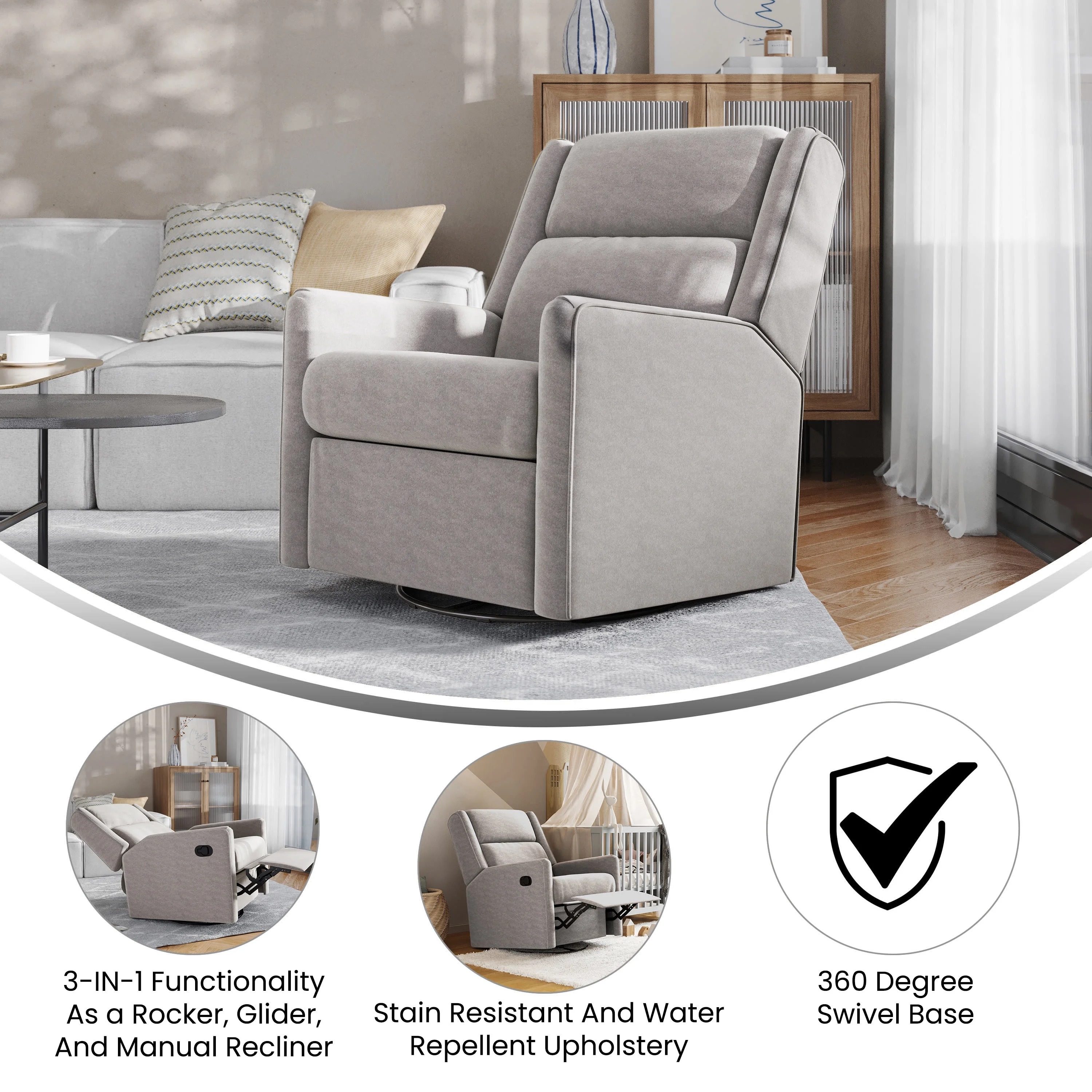 Merrick Lane 3-in-1 Traditional Manual Recliner Rocker Swivel Glider Chair in Light Gray