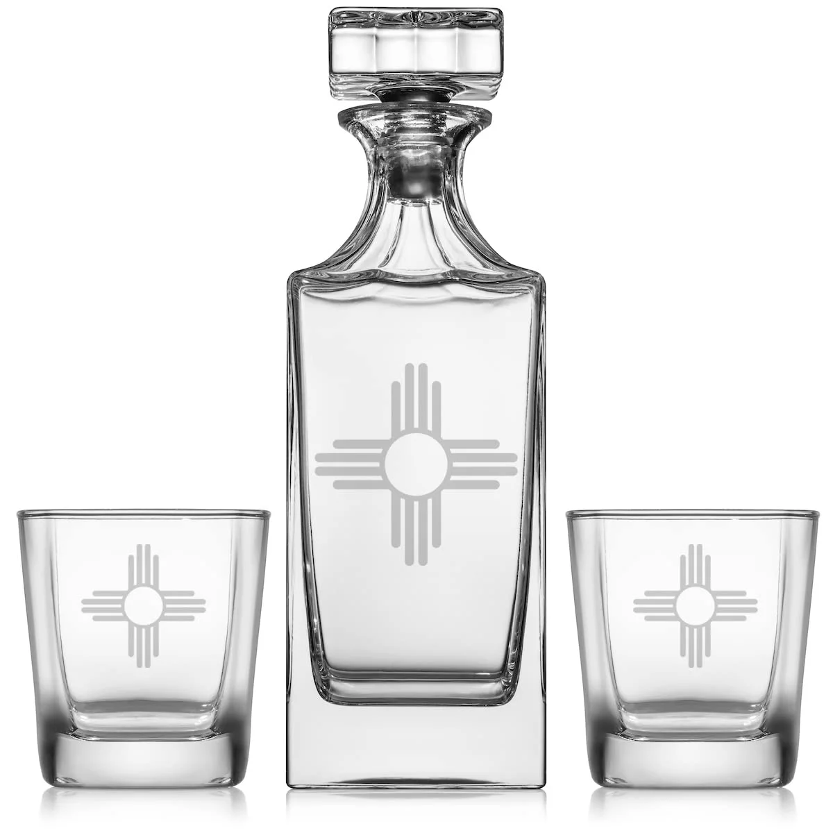 Whiskey Decanter Gift Set With 2 Whiskey Old Fashioned Rocks Glasses New Mexico Sun Symbol